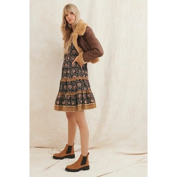 Anthropologie Almeria Ruffled Mini Dress By Othilia Cotton Black/Floral Print - Picture 5 of 13